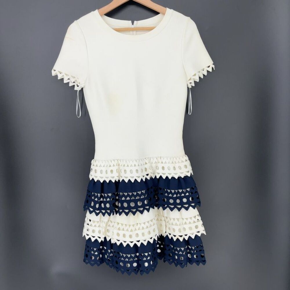 Alaia Tiered Mini Dress in White and Blue